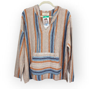 NEW XL LuckyBrand Baja Hoodie DrugRug Lightweight Tan Blue Stripe